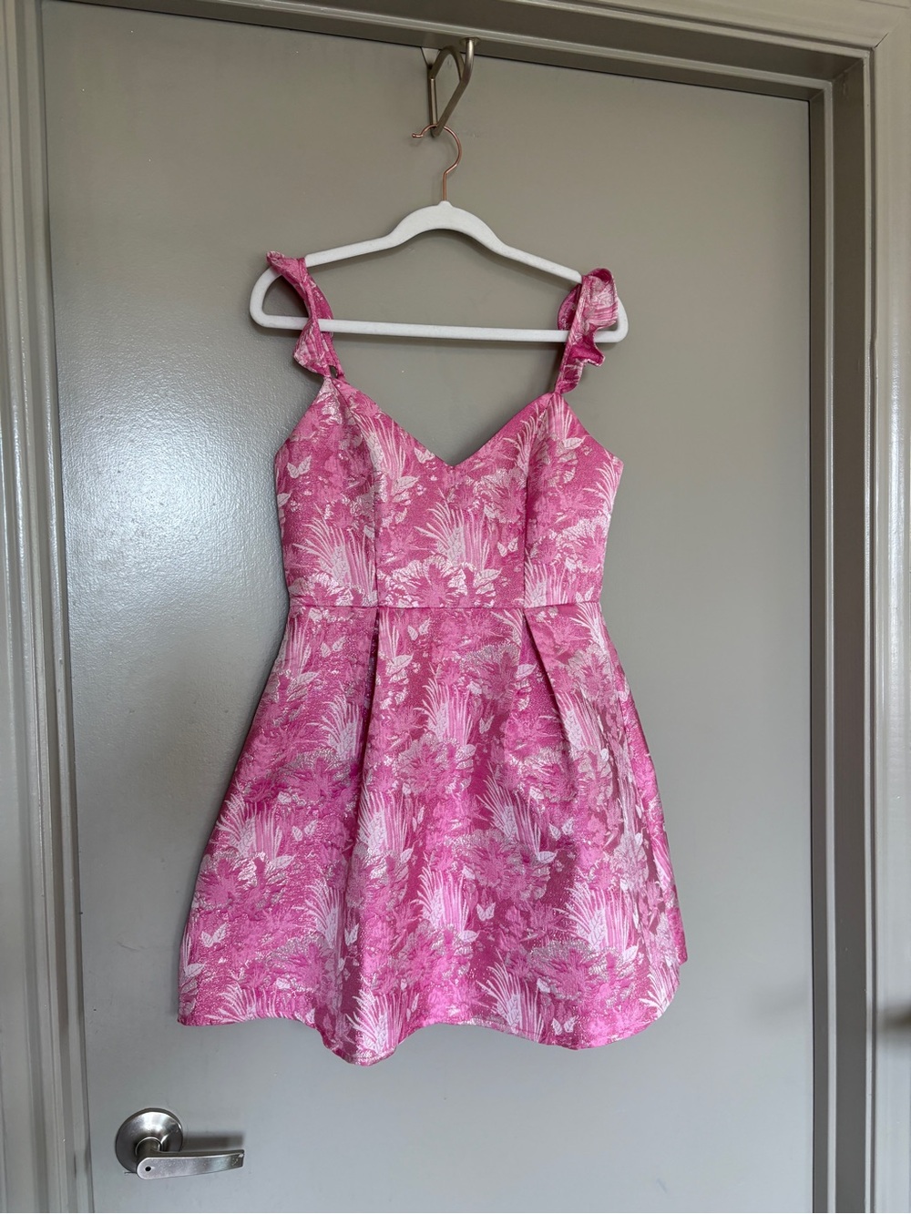 Lena Pink Floral Jacquard Mini Dress with Metallic Accents